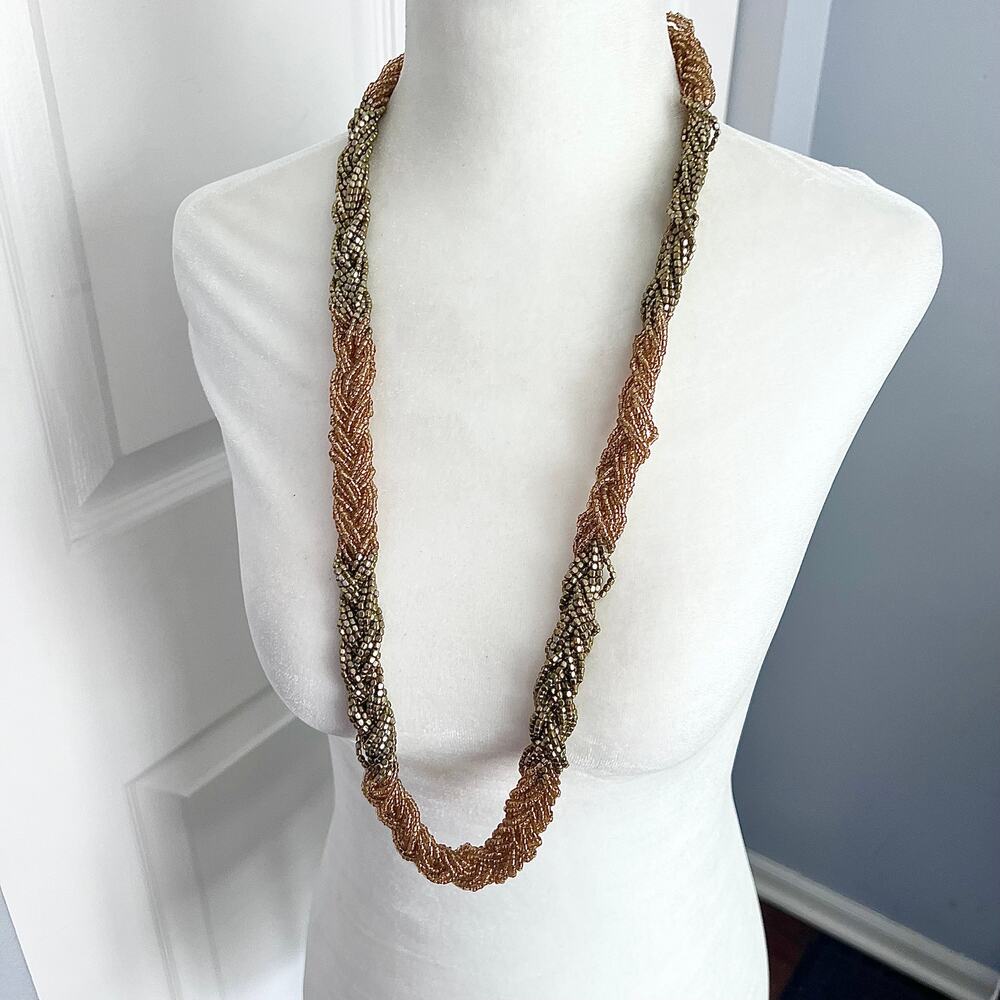Ann Taylor Loft Light Brown and Gold Tone Braided Chunky Seed Bead Long Necklace